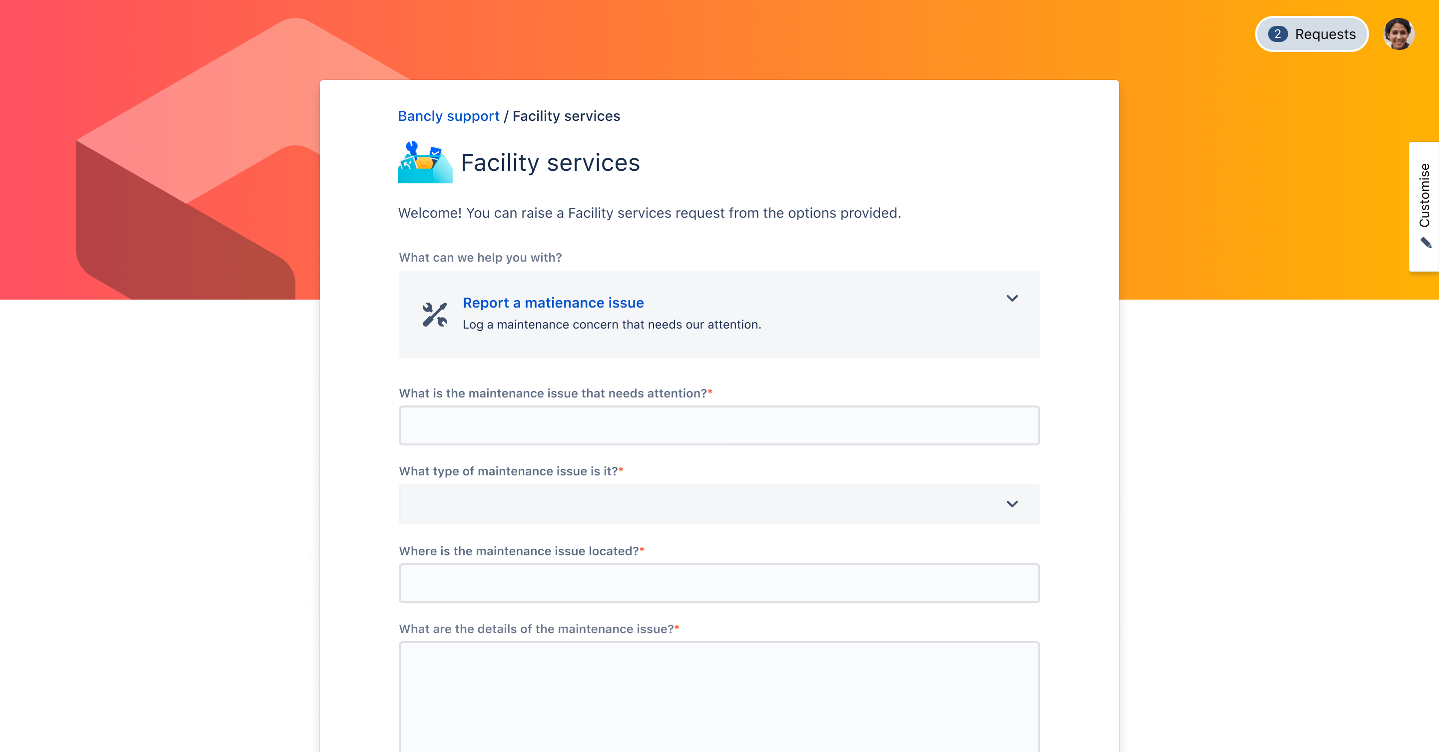 Jira facilities service management template showing request types and queue interface