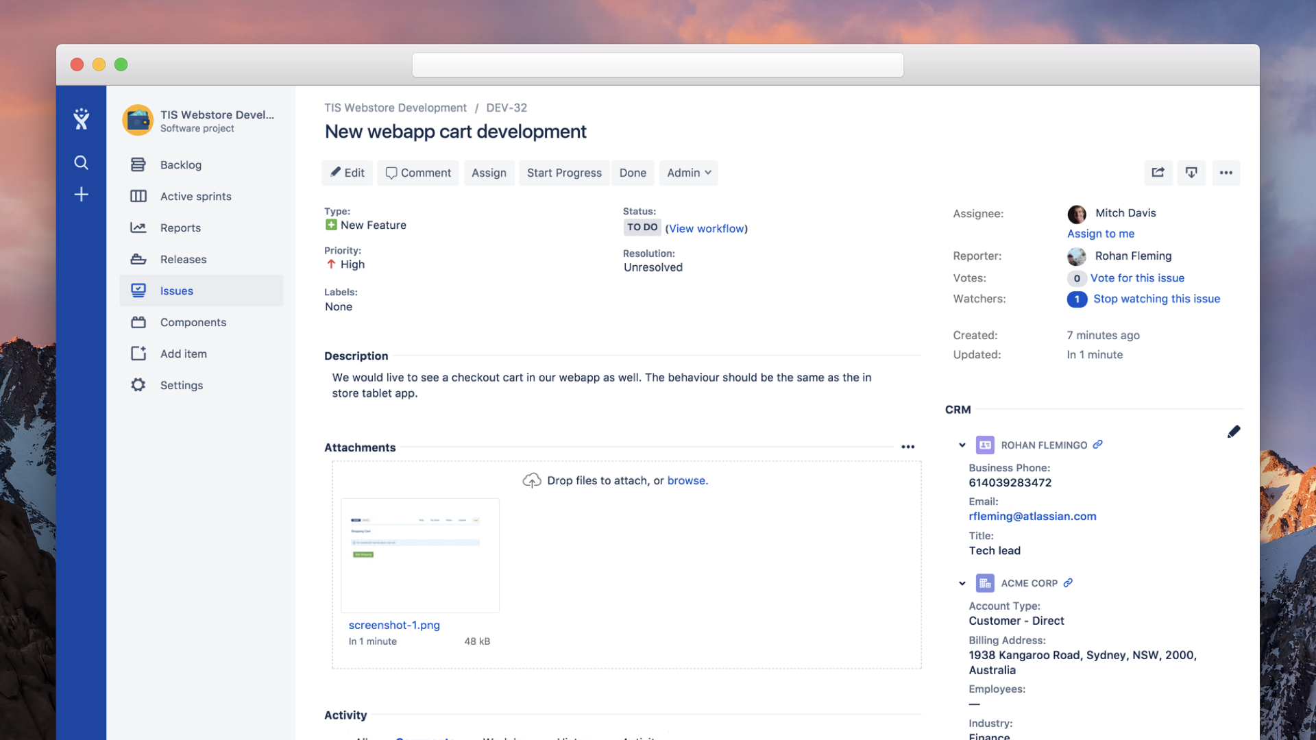 Atlassian Jira Software issue showing linked CRM customer and account information