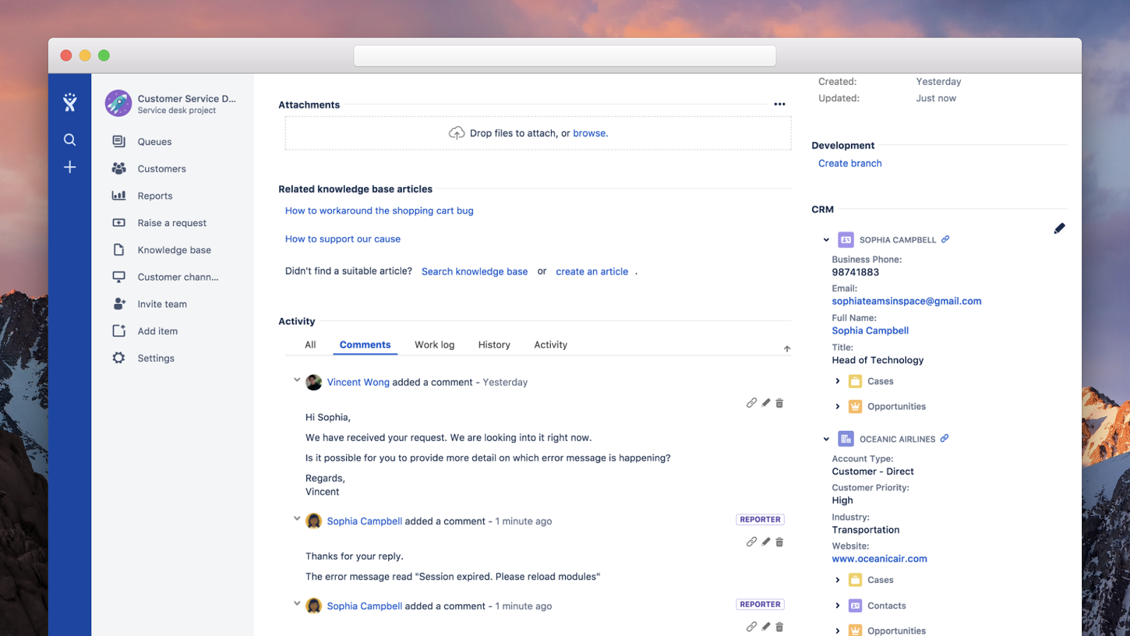 Atlassian Jira Service Management request showing CRM contact and account context