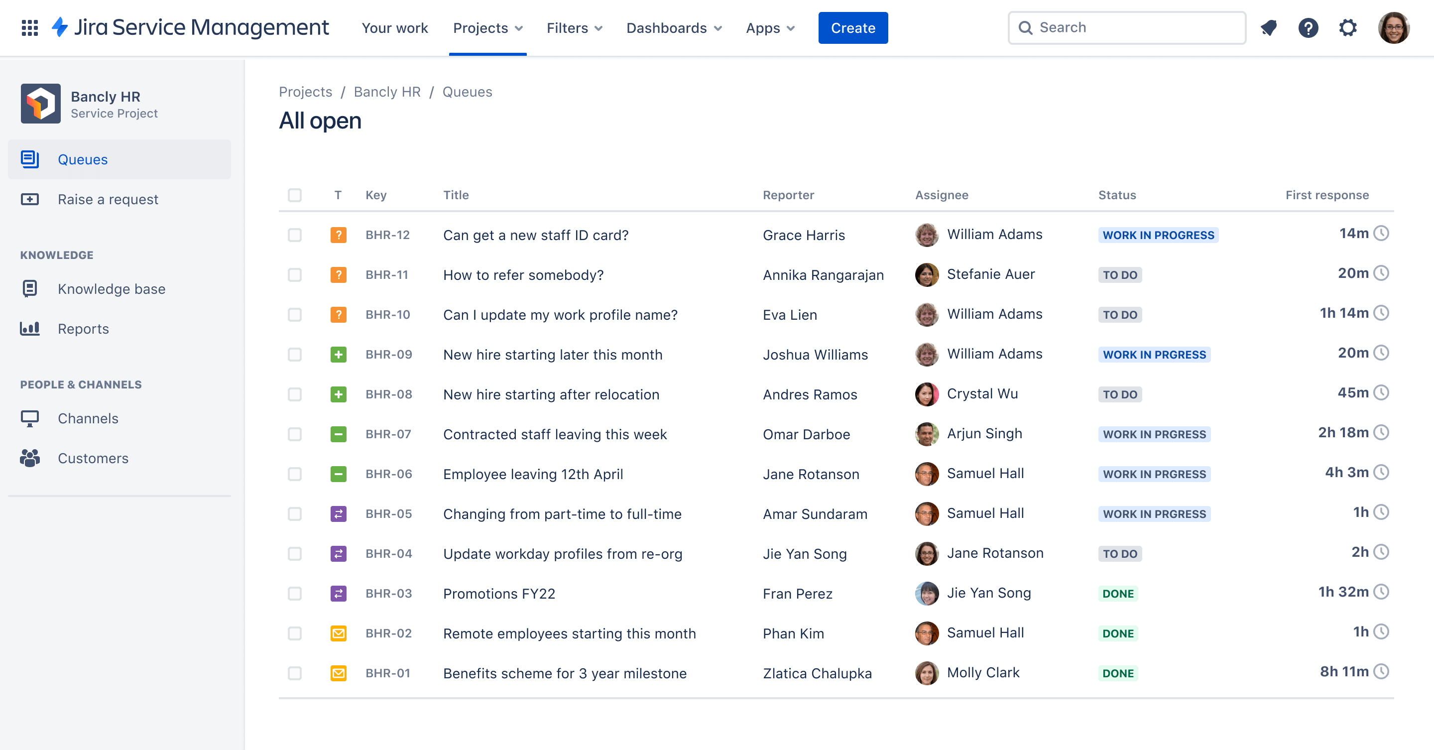 Atlassian Jira Service Management HR service queue interface