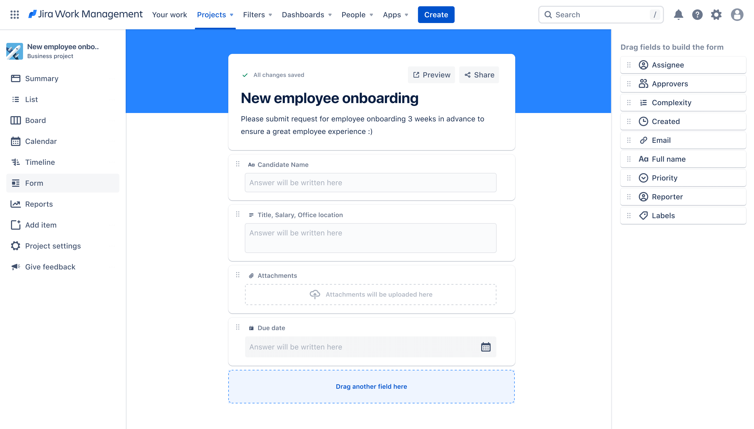 Atlassian Jira new employee onboarding form interface